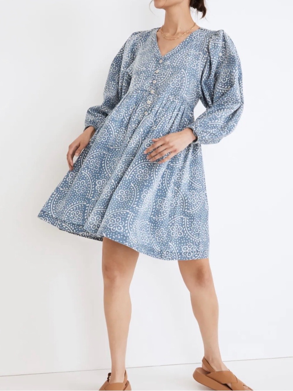 Madewell Bubble-Sleeve Button-Front Mini Dress in Indigo Paisley